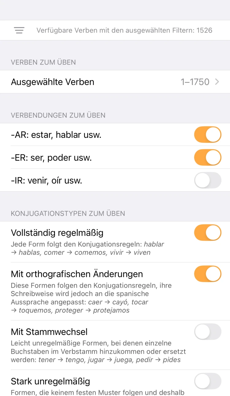 ConjuGato-Verbfilter auf Englisch für Endungen und Arten der Unregelmäßigkeit