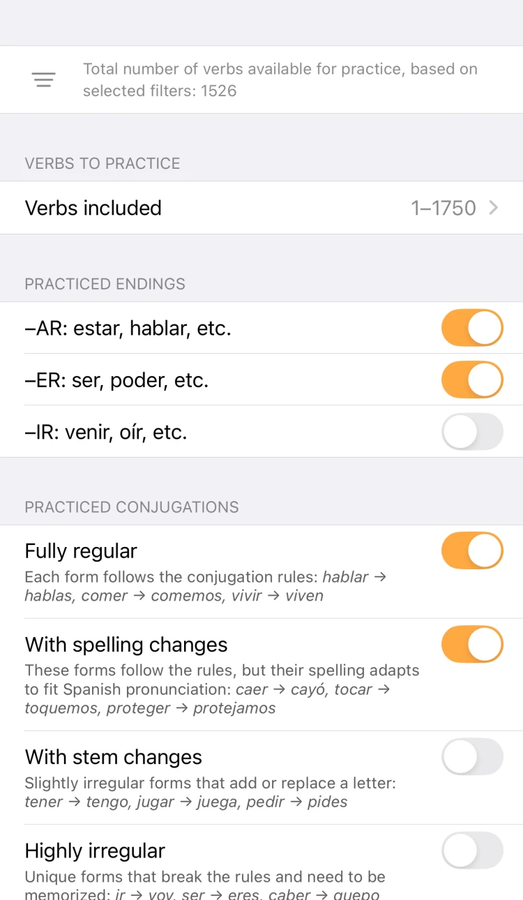 ConjuGato verb filters for endings and types of irregularity
