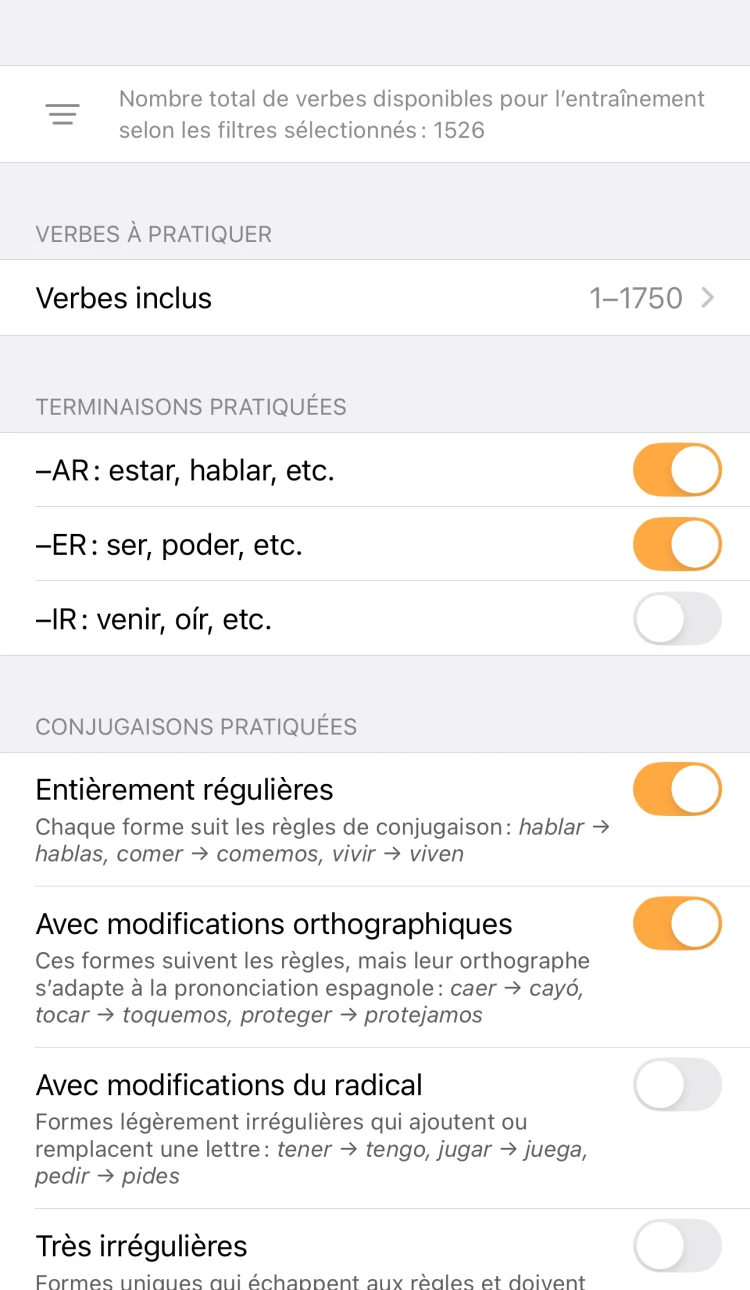 Filtres de verbes de ConjuGato, en anglais, par terminaison et type d’irrégularité
