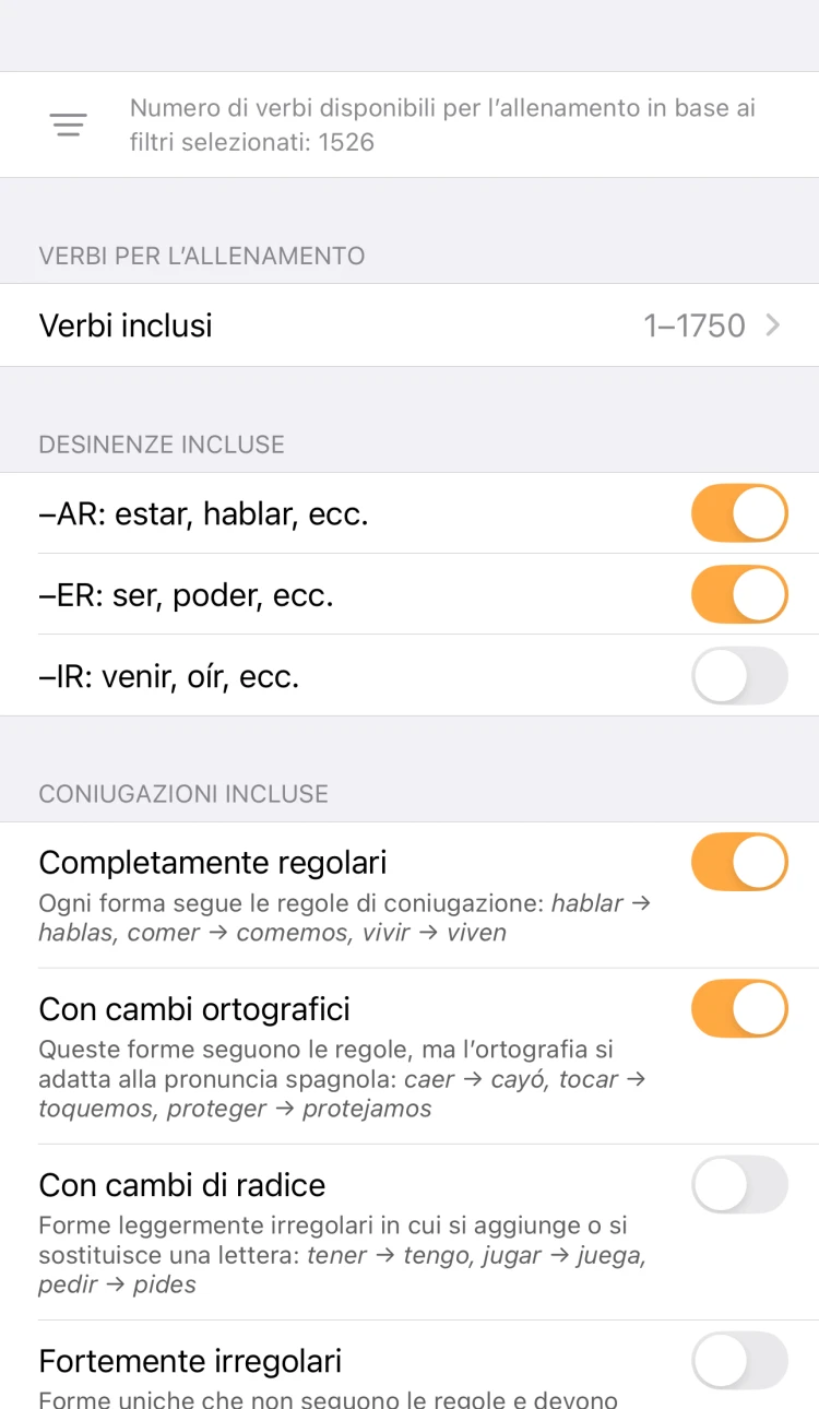 Filtri dei verbi di ConjuGato, in inglese, per desinenze e tipi di irregolarità