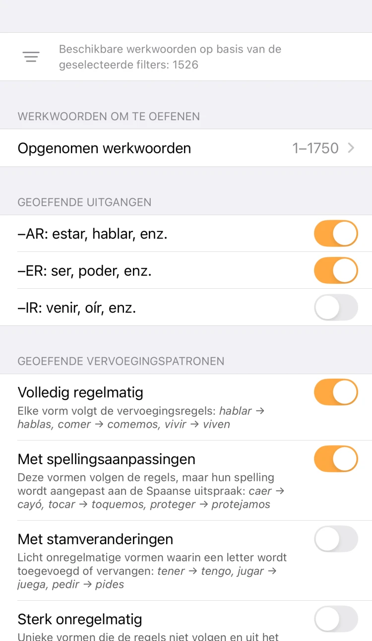 ConjuGato-werkwoordfilters in het Engels voor uitgangen en soorten onregelmatigheid