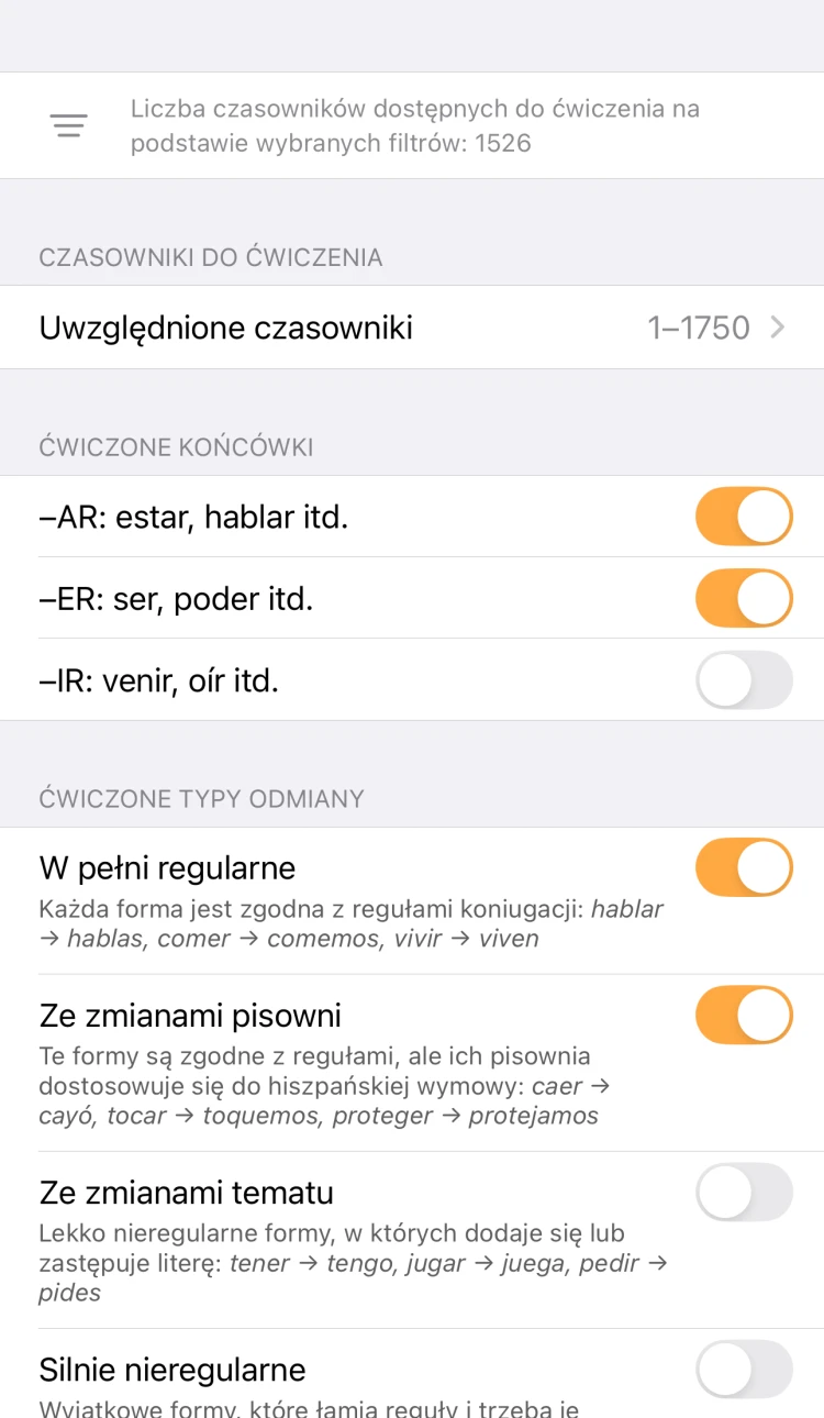 Filtry czasowników w ConjuGato po angielsku, według końcówek i rodzajów nieregularności