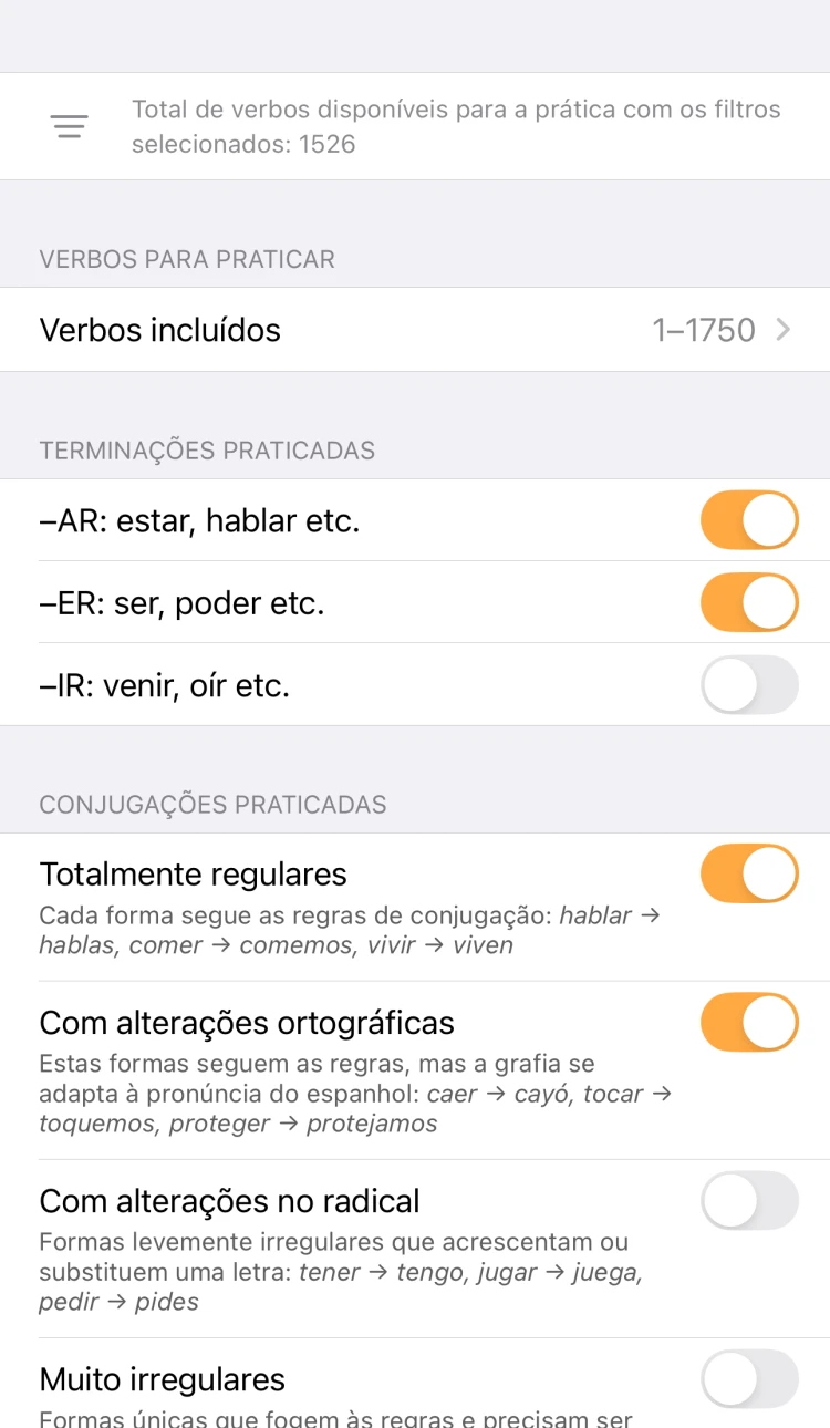 Filtros de verbos do ConjuGato, em inglês, por terminações e tipos de irregularidade