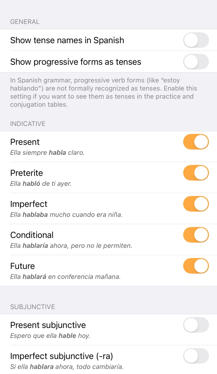 ConjuGato tense settings with individual tenses enabled or disabled