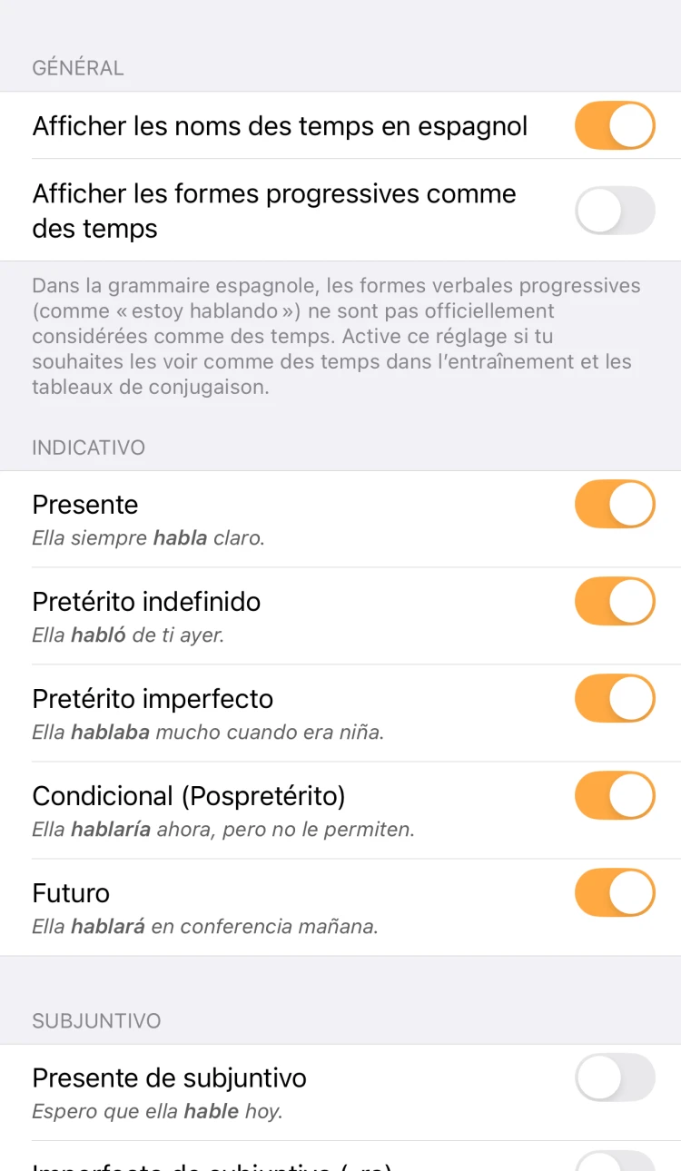 Réglages des temps de ConjuGato, en anglais, avec chaque temps activé ou désactivé