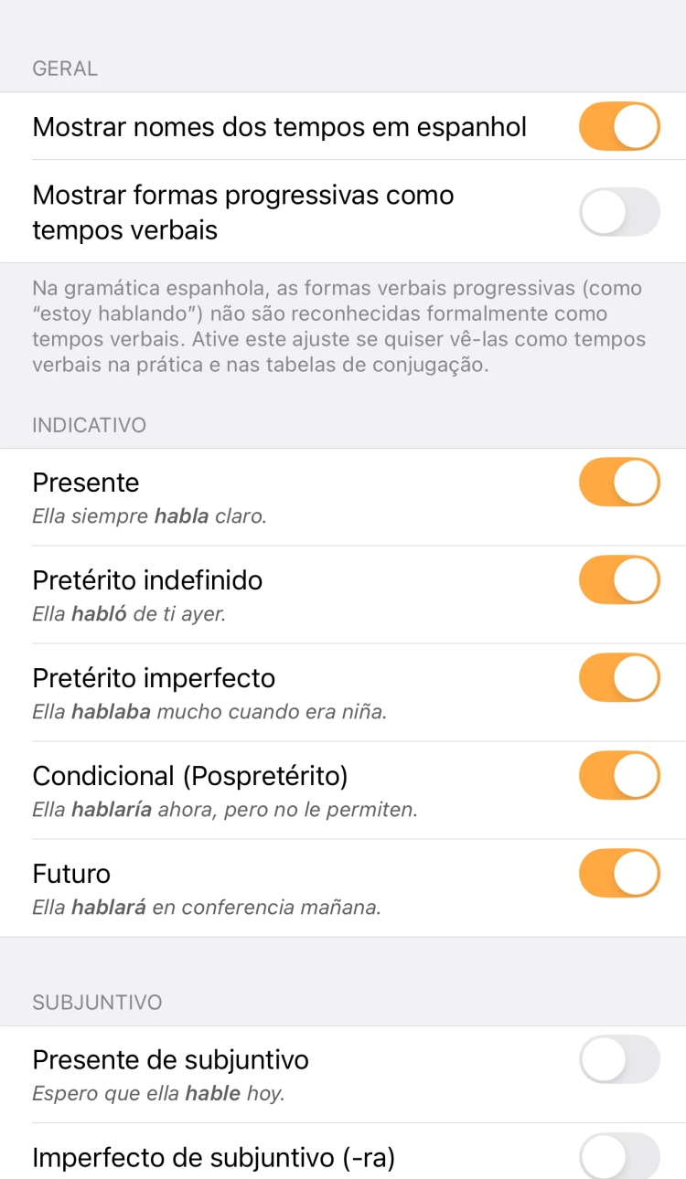 Configurações de tempos verbais do ConjuGato, em inglês, com tempos individuais ativados ou desativados